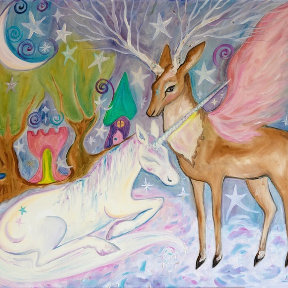 Land Whimsy Art Print unicorn fantasy fairytale castle enchanted trees moon star - Picture 7 of 7